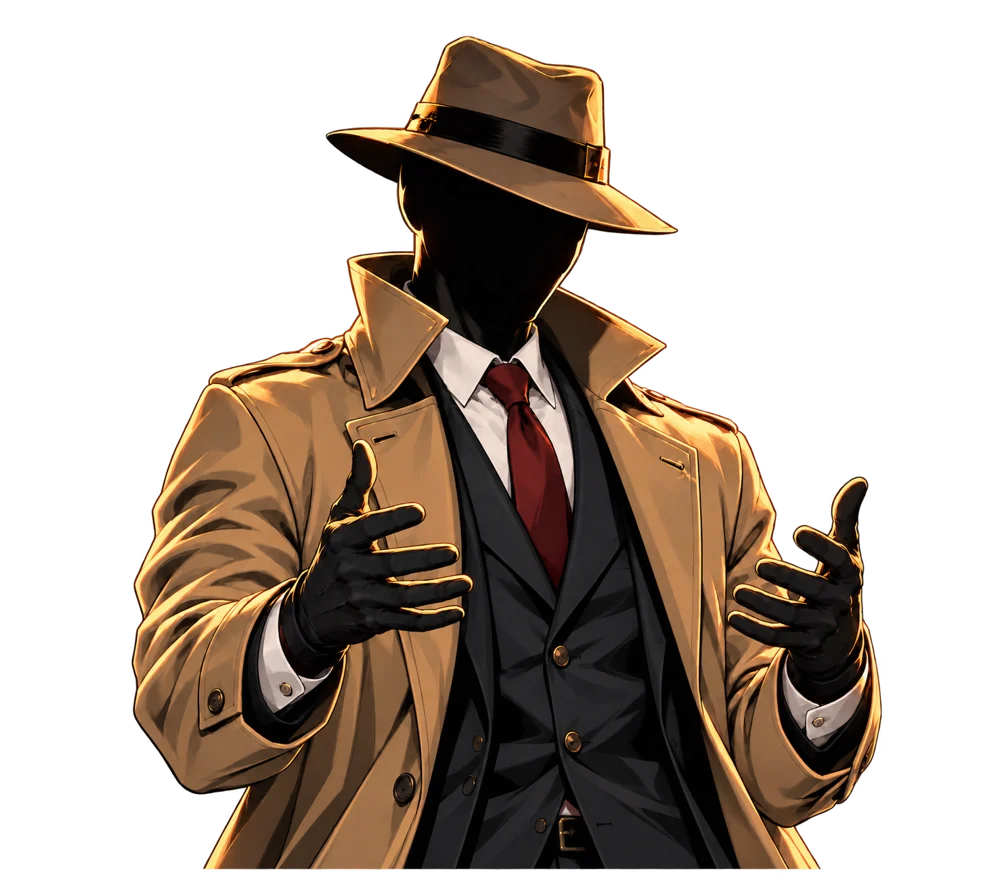The channel's host: a detective in a trench coat and fedora whose face is always in shadow.