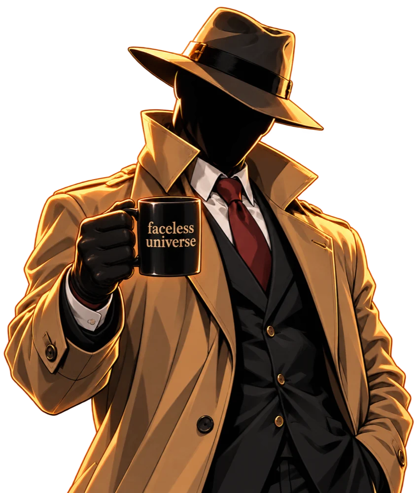 The narrator holding a Faceless Universe mug.